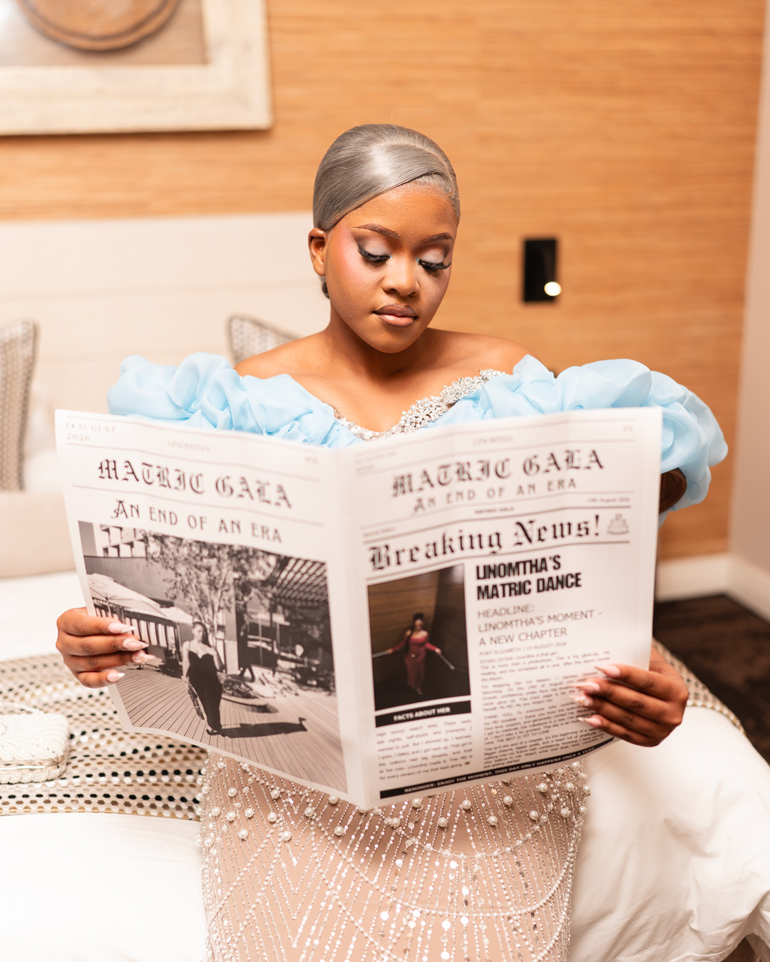 Matric dance photoshoot with a custom newspaper prop in Port Elizabeth